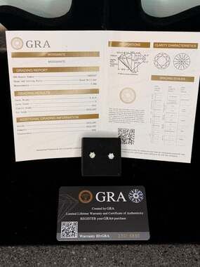 GRA Certified 1.0ctw Round Brilliant Moissanite Stud Earrings VVS1 D Color